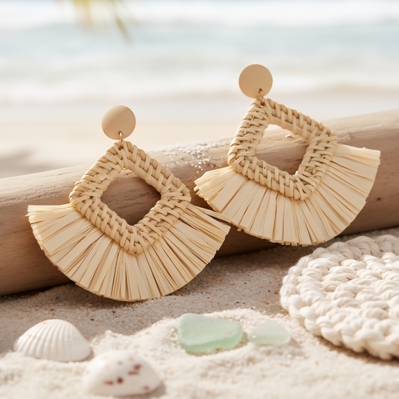Boho Chic Raffia Statement Earrings | Handmade Beach Vibes Resortwear Jewelry - Picture 5 of 14
